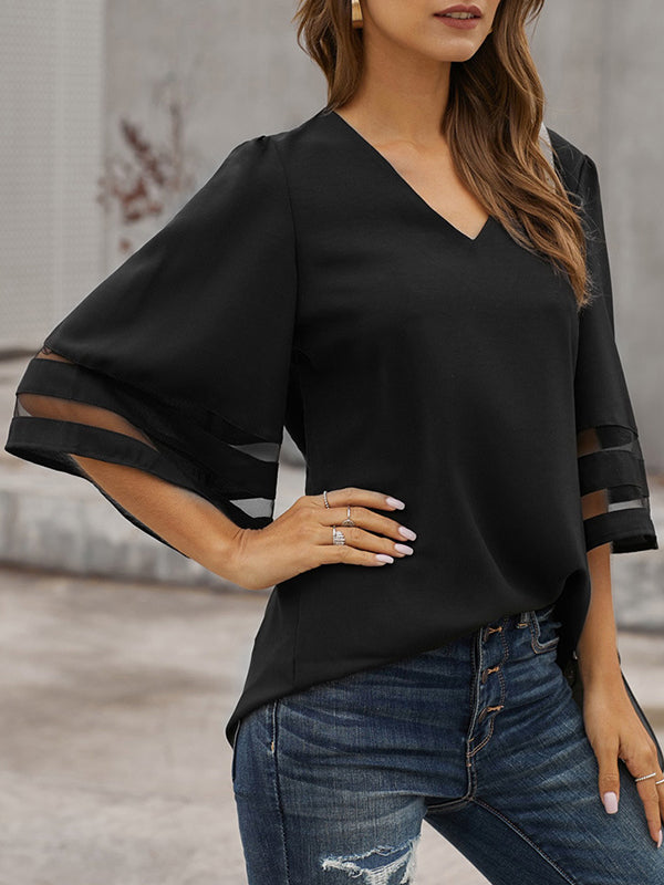 Solid Color Split-Joint Loose V-Neck T-Shirts Tops
