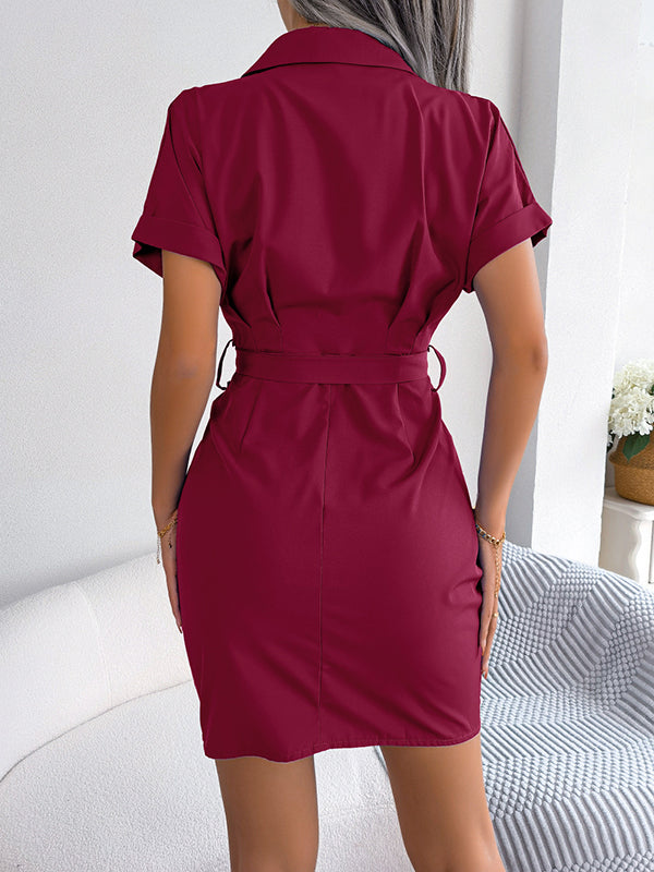 Bandage Pleated Solid Color Short Sleeves Lapel Mini Dresses