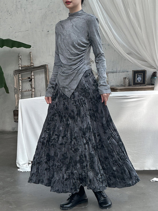 Elastics Pleated Printed High Waisted Loose Skirts