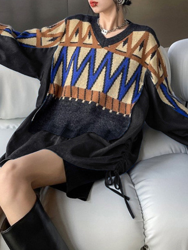 Drawstring Split-Joint False Two Long Sleeves V-Neck Sweater