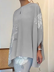 Floral Printed Hollow Split-Joint Batwing Sleeves Loose Round-Neck Blouses