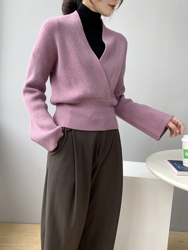 Asymmetric Solid Color Long Sleeves V-Neck Sweater Pullovers Knitwear