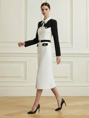 Long Sleeves Buttoned Contrast Color Split-Joint Lapel Midi Dresses