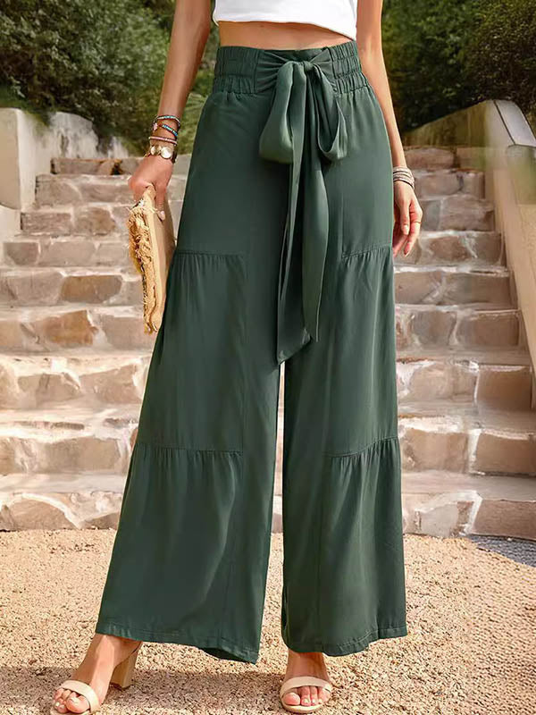 Elasticity Pleated Solid Color Split-Joint Tied Waist High Waisted Loose Trousers Pants