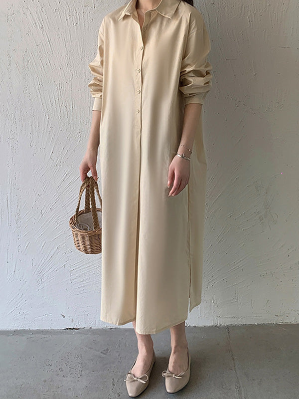 Urban Loose Solid Color Lapel Collar Shirt Midi Dresses