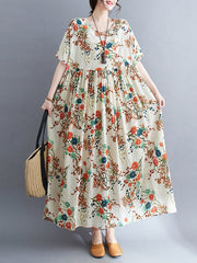 Floral Printed Loose Short Sleeves Round-neck Midi Dresses
