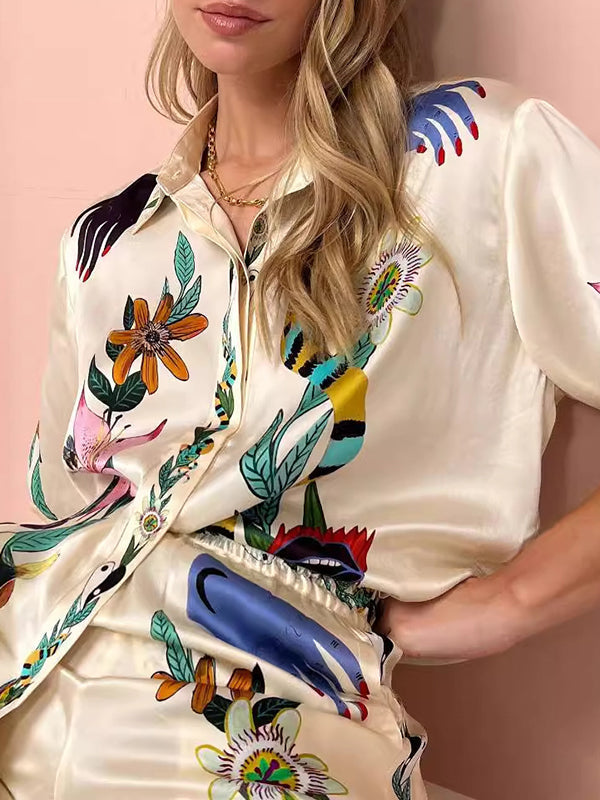 Loose Buttoned Half Sleeves Flower Print Pockets Lapel T-shirt Top + Drawstring Elasticity Pants Bottom Two Pieces Set