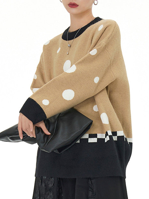 Contrast Color Polka-Dot Velvet Long Sleeves Loose Round-Neck Sweater Tops Pullovers