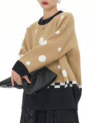 Contrast Color Polka-Dot Velvet Long Sleeves Loose Round-Neck Sweater Tops Pullovers