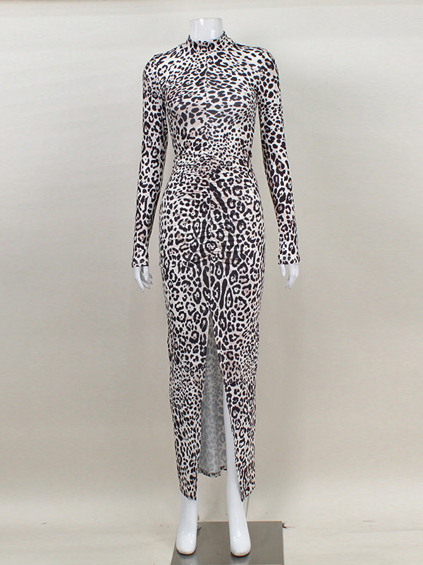 Leopard Pleated Printed Split-Front Bodycon Long Sleeves High Neck Maxi Dresses