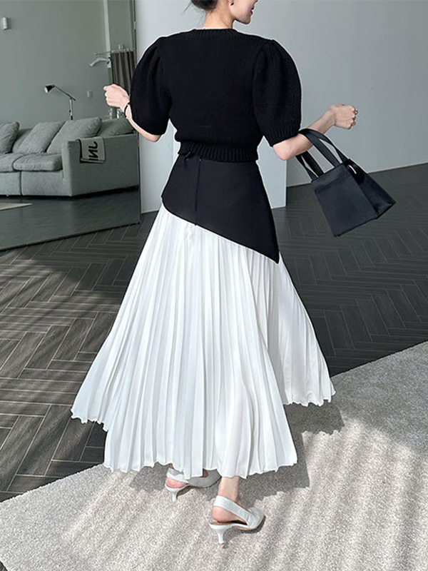 Contrast Color Pleated Split-Joint A-Line Loose Skirts Bottoms
