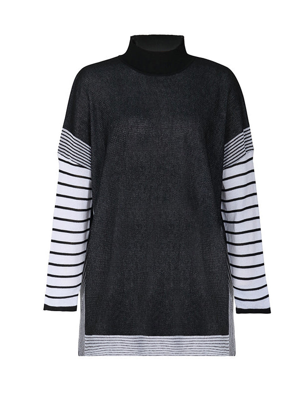 Contrast Color Striped Long Sleeves Loose Mock Neck Sweater Tops Pullovers