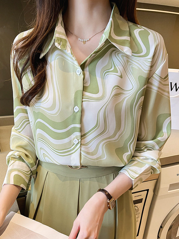 Buttoned Printed Long Sleeves Loose Lapel Blouses&Shirts Tops