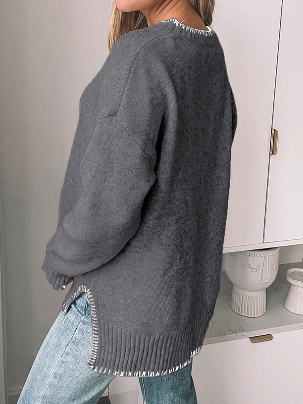 Split-Joint Split-Side High-Low Long Sleeves Round-Neck Sweater Tops Pullovers
