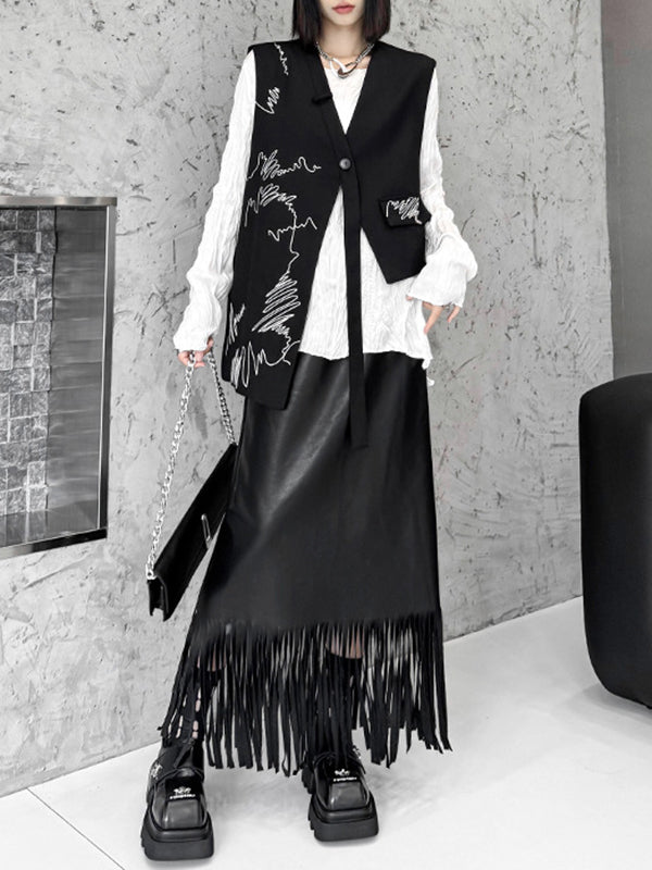 Asymmetric Buttoned Embroidered Sleeveless V-Neck Vest Top