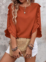Pleated Ruffled Solid Color Split-Joint Loose Three-quarter Sleeves Round-neck Blouses&shirts Tops