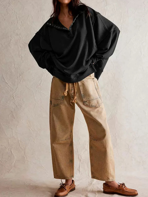 Buttoned Solid Color Split-Front Long Sleeves Loose Lapel Sweatshirt Tops