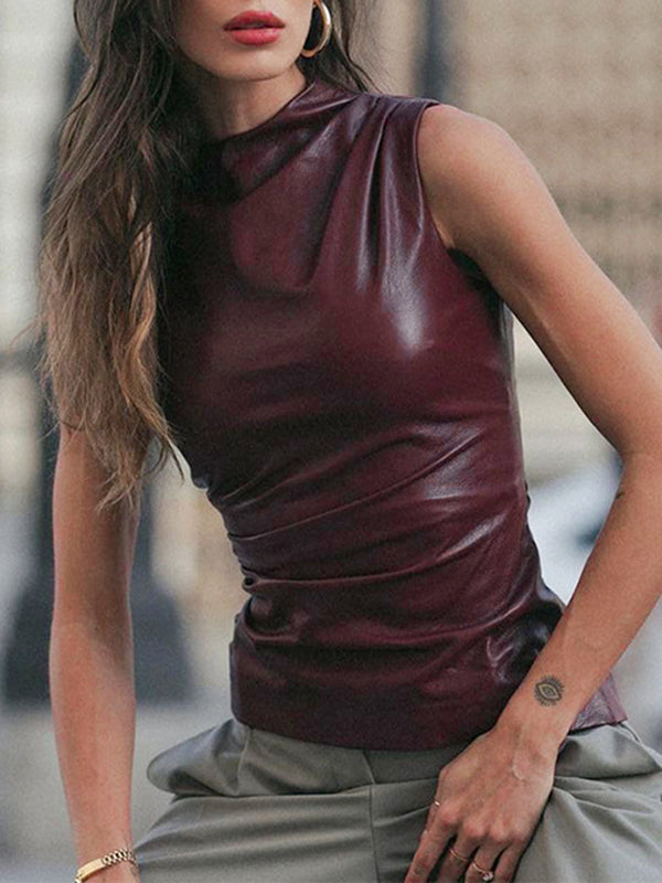 Asymmetric Pleated Solid Color Skinny Sleeveless Mock Neck Vest Top