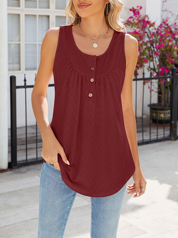 Buttoned Pleated Split-Joint Loose Sleeveless Round-Neck Vest Top