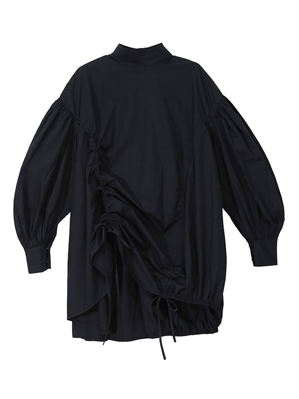 Drawstring Cropped Loose Stand Collar Shirt