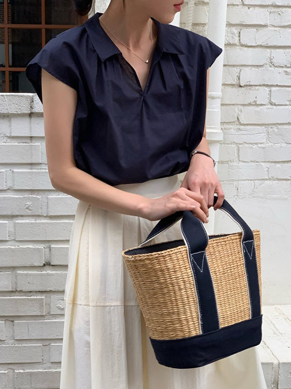 Solid Color Cap Sleeve Loose Lapel Blouses&Shirts Tops