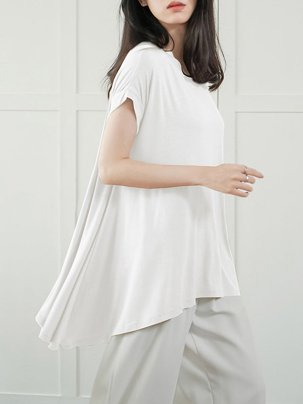 Asymmetric Solid Color High-Low Loose Round-Neck T-Shirts Tops