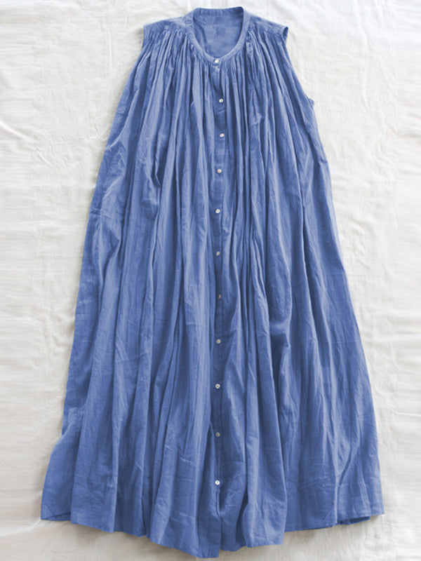 Pleated See-Through Loose Sleeveless Round-Neck Midi Dresses