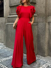 Falbala Solid Color Loose Short Sleeves Round-Neck Jumpsuits