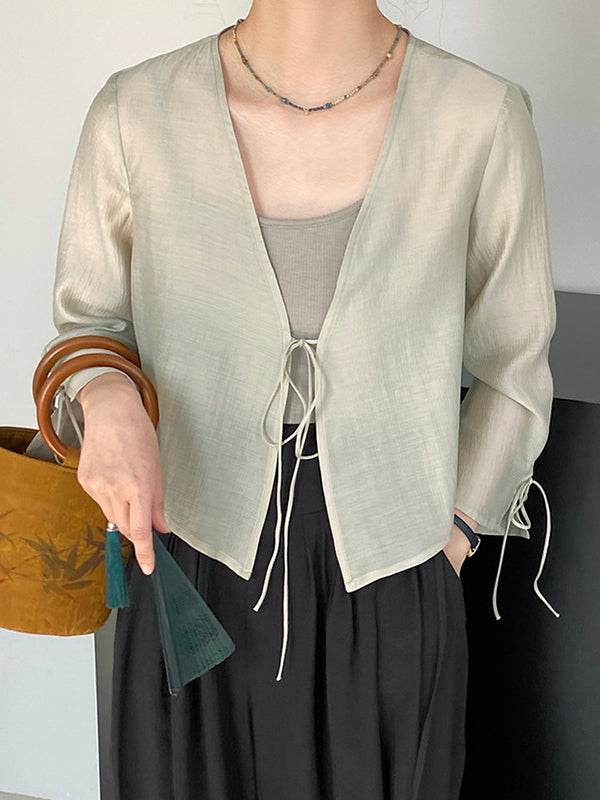 Long Sleeves Lace-Up See-Through Solid Color Blouses&Shirts Tops