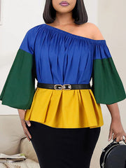 Belted Color-Block Falbala Loose One-Shoulder Shirts Tops