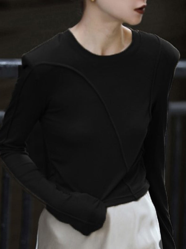 Asymmetric Shoulder Pad Solid Color Split-Joint Long Sleeves Skinny Round-Neck T-Shirts Tops