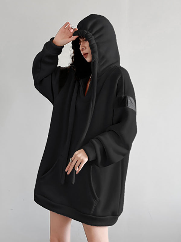 Contrast Color Drawstring Pockets Velvet Long Sleeves Loose Hoodies Tops
