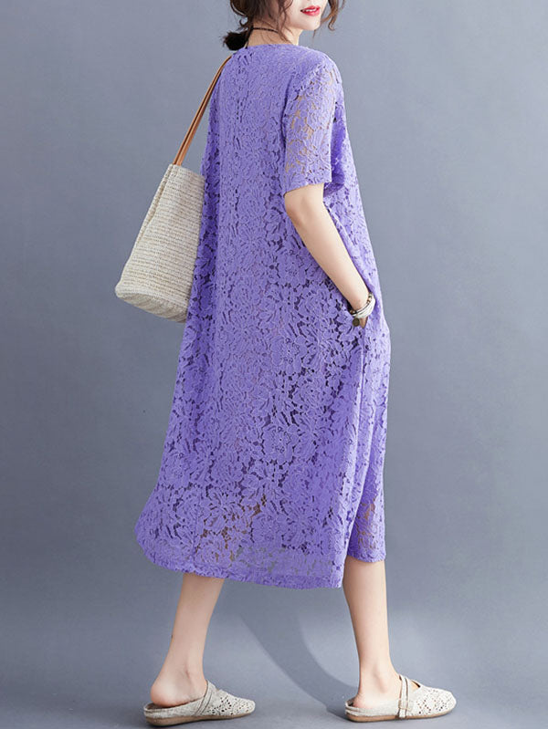 Embroidered Hollow Solid Dress