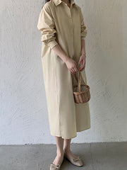 Urban Loose Solid Color Lapel Collar Shirt Midi Dresses