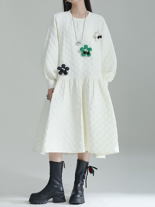 Pleated Quilted Split-Joint Long Sleeves Loose Round-Neck Midi Dresses
