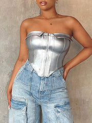 Solid Color Split-Joint Zipper Skinny Sleeveless Tube Vest Top