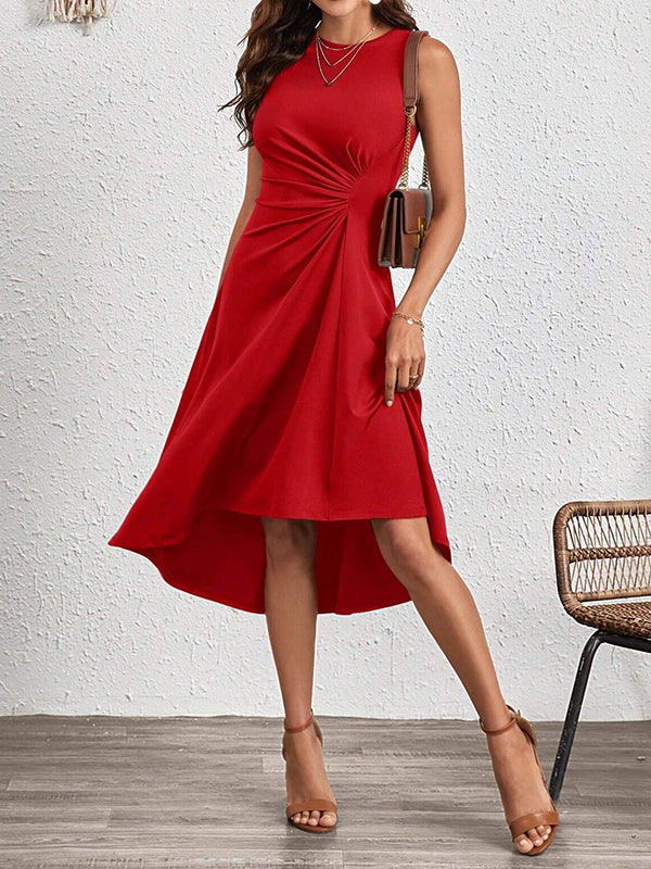 Asymmetric Pleated Solid Color Split-Joint A-Line High Waisted Round-Neck Midi Dresses