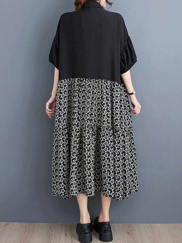Knot Printed Split-Joint Loose Lapel Midi Dresses
