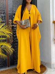Batwing Sleeves Split-Front V-Neck Cover-Ups Tops + High Waisted Elasticity Pants Two Pieces Set