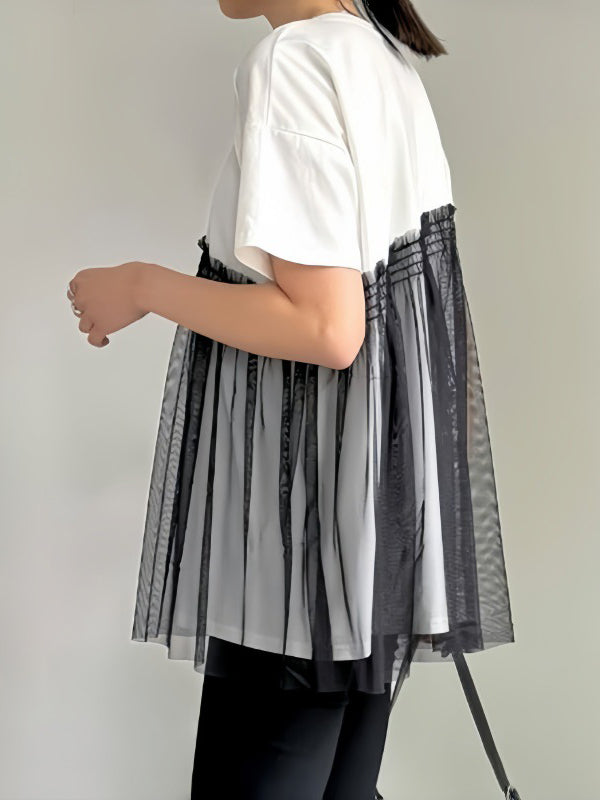Asymmetric Mesh Split-Joint Loose Short Sleeves Round-Neck T-Shirts Tops