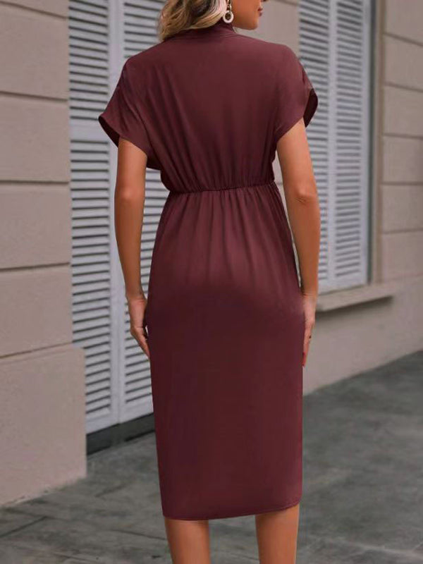 Knot Pleated Solid Color Split-Front High-Low Loose V-Neck Midi Dresses