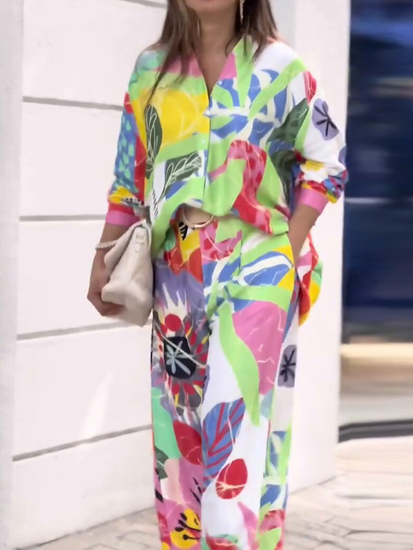 Contrast Color Printed Lapel Long Sleeves Buttoned Blouses Top+ High Waisted Pants Bottom Two Pieces Set