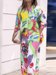 Contrast Color Printed Lapel Long Sleeves Buttoned Blouses Top+ High Waisted Pants Bottom Two Pieces Set