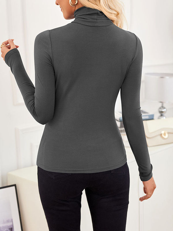 Solid Color Split-Joint Long Sleeves Skinny High Neck T-Shirts