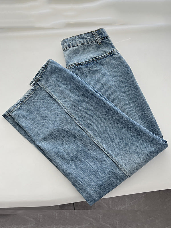 Pockets Reversible False Two Wide Leg Jean Pants Bottoms