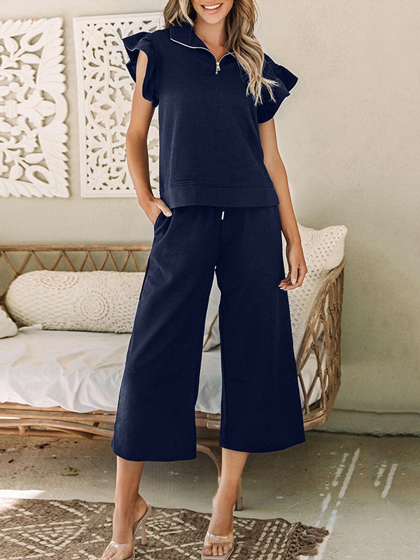 Solid Color Zipper Loose Ruffle Sleeves Split-Joint Lapel T-shirt Top + Drawstring Pockets Pants Bottom Two Pieces Set