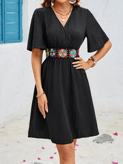 Elasticity Embroidered Pleated Split-Joint A-Line Flared Sleeves V-Neck Mini Dresses