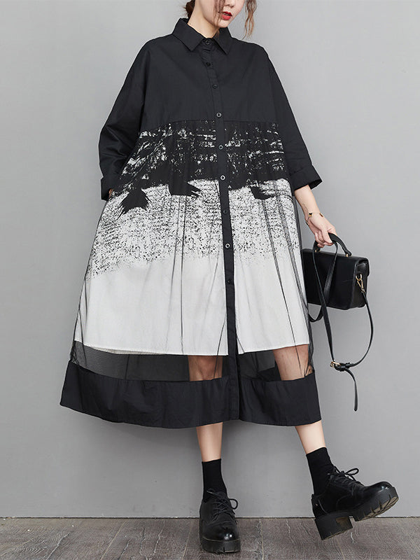 Buttoned Gauze Printed Split-Joint A-Line Long Sleeves Lapel Midi Dresses