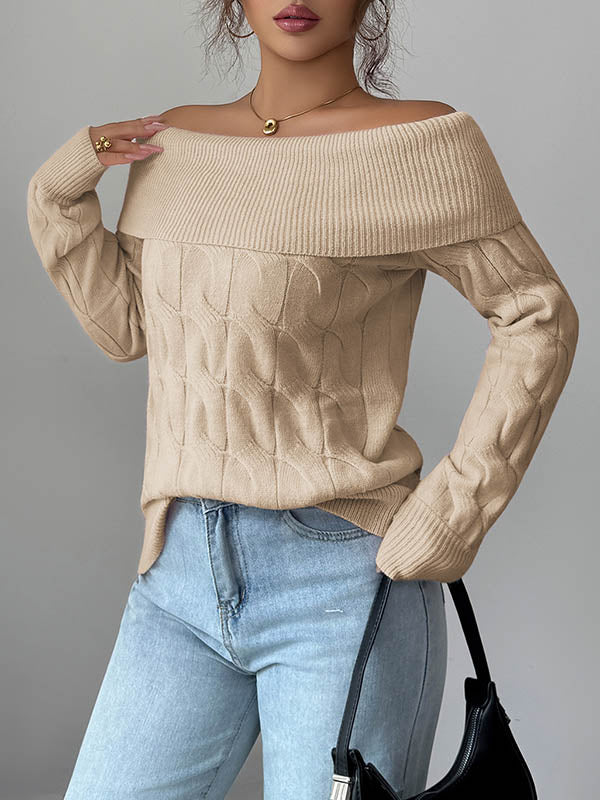 Solid Color Split-Joint Long Sleeves Off-The-Shoulder Sweater Tops Pullovers