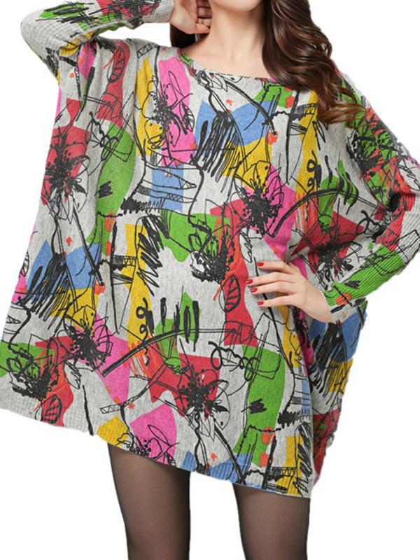 Printed Split-Joint Long Sleeves Loose Round-Neck Sweater Tops